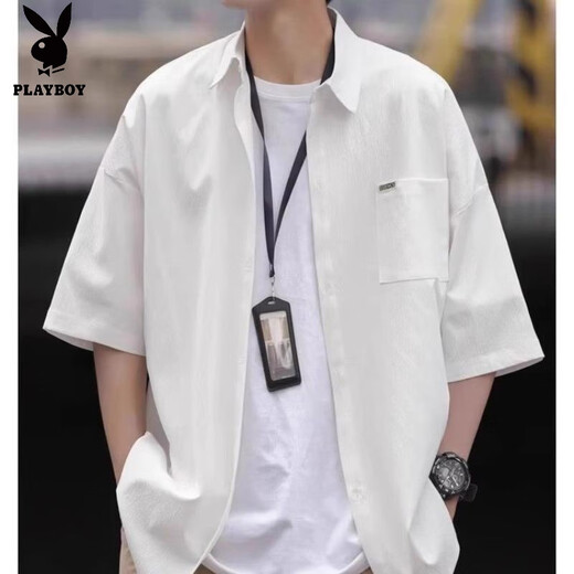 Playboy (PLAYBOY) retro Japanese shirt suit men's jacket summer style short-sleeved shirt men's suit with handsome 3-piece set - short-sleeved shirt white + short sleeves + pleated denim black pants L - high quality