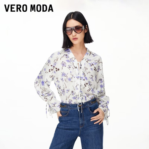 VEROMODA shirt women's 2026 spring new French printed lace-up loose shirt gentle and elegant white XS