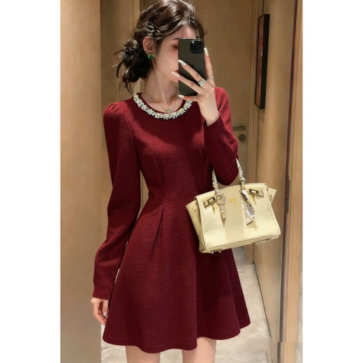 Xiaohongshu gold-embellished diamond red engagement dress for women, autumn and winter long-sleeved petite banquet toast, burgundy M