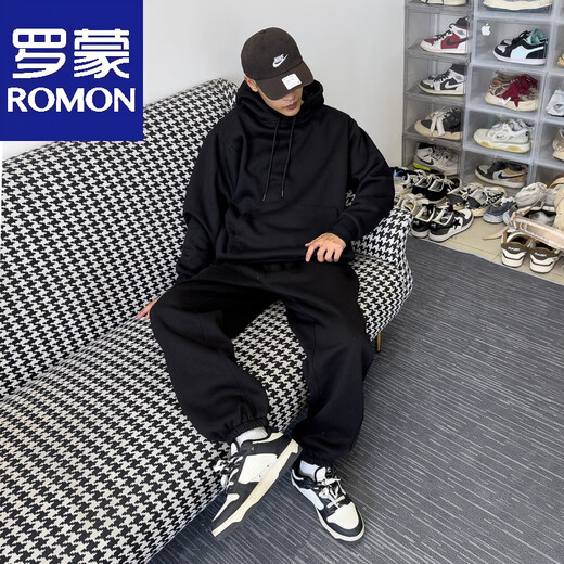 ROMON autumn and winter gray high-end street fashion brand pine velvet thickened couple sweatshirt sports dog men and women walking black - set S