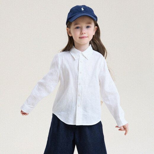 Yoona's mom girls 2026 pure linen lapel temperament parent-child shirt children's simple shirt new style top trendy white ready stock 90