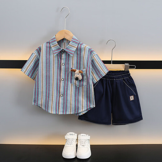 Ultraman boys summer short-sleeved suit 2025 new children's Korean style summer style striped shirt casual two-piece set trendy picture color 90 cm