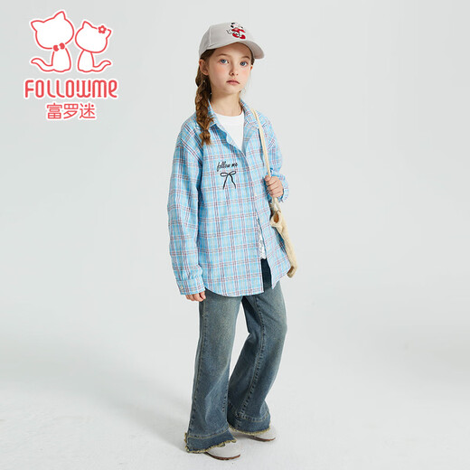 Fuluo Mi Girls' Shirt Spring New Sweet and Western Style Loose Shirt Little Girl's Plaid Long Sleeve Top Blue Plaid 160