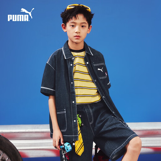 Puma (PUMA) Puma children's clothing 2026 summer new style children's boys short-sleeved shirts denim tops retro trend denim dark blue 88301 110