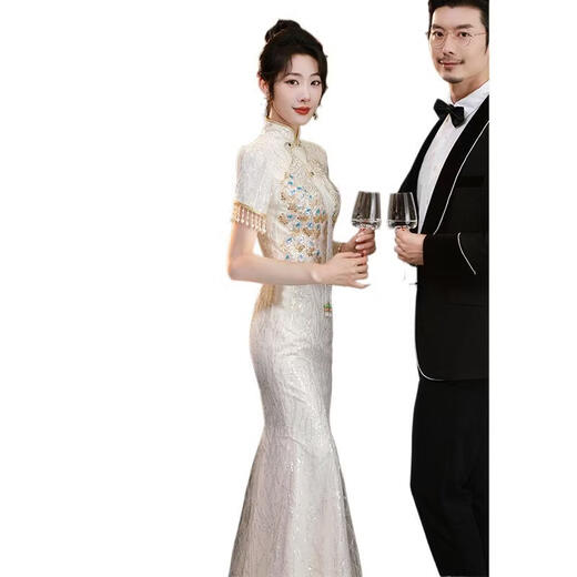 Mofu Fishtail Toast Wear 2026 Spring and Autumn Bridal Champagne Color Engagement Certificate Dress Light Luxurious Outing Banquet Cheongsam Champagne XS