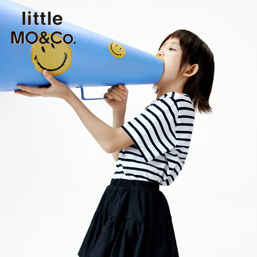 Little MO&Co. pure cotton little moco children's clothing 26 summer new style girls ballet style bow striped short-sleeved T-shirt white and black striped color 110 110/56