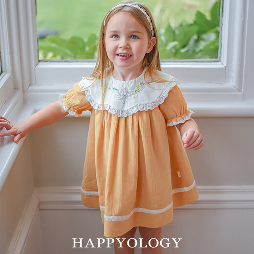 Happyology British girls short-sleeved dress embroidered collar summer skirt British children's princess dress