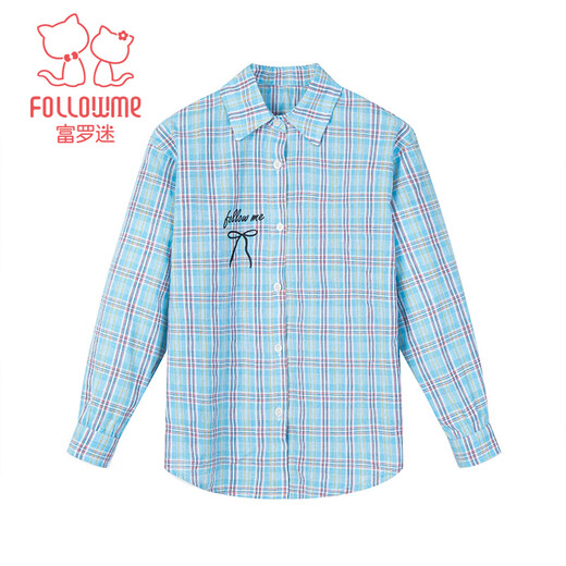 Fuluo Mi Girls' Shirt Spring New Sweet and Western Style Loose Shirt Little Girl's Plaid Long Sleeve Top Blue Plaid 160
