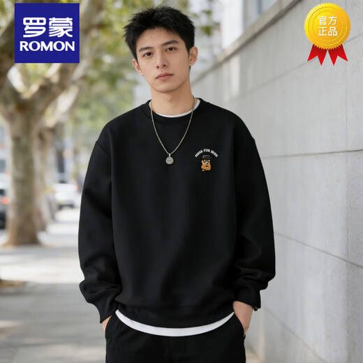 Romon sweatshirt men's 2026 spring style American heavyweight loose round neck pullover trendy versatile long-sleeved retro jacket black S 95-120
