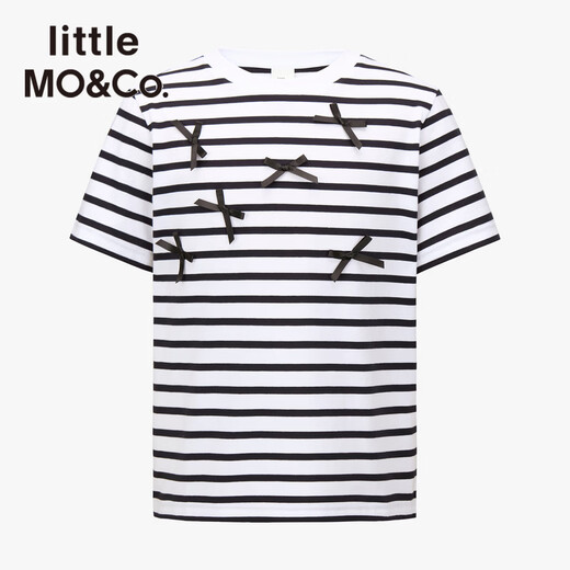 Little MO&Co. pure cotton little moco children's clothing 26 summer new style girls ballet style bow striped short-sleeved T-shirt white and black striped color 110 110/56