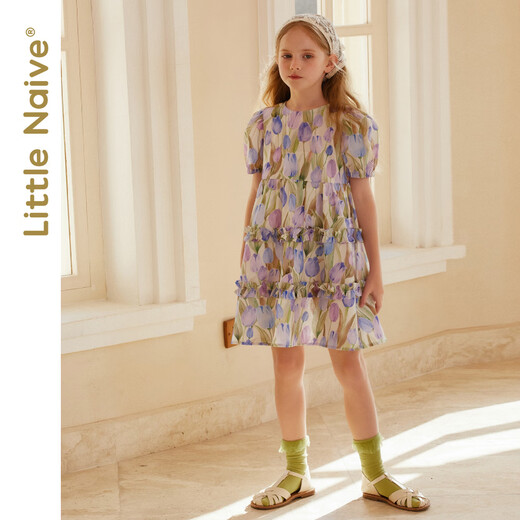 Little Naive medium to large children's short-sleeved dress summer multi-color girl's ear-trimmed pure cotton princess dress tulip purple 150