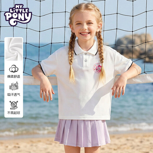 MY LITTLE PONY Girls' Short-Sleeved Polo Shirt 2026 Summer New Medium and Large Children's T-shirt College Style Half-Sleeved Summer Clothes Short-Sleeved Polo Shirt Chigua Peach White 140