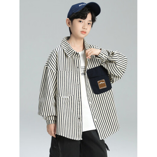 BALA Boys' Spring Striped White Shirt 2026 New Spring Clothing Medium and Large Children Boys Spring and Autumn Lining Blue Stripes 110 cm