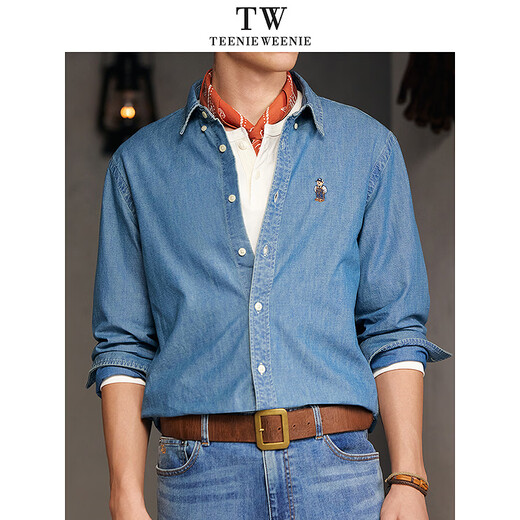 Teenie Weenie Bear Men's 2026 Summer Embroidered Bear Lapel Simple Casual Long Sleeve Denim Shirt Denim Color 2XL