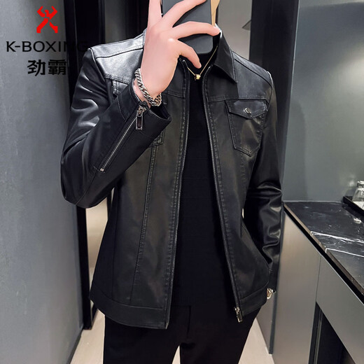 KBXNG Jinba Men's Thin Slim Leather Jacket Men's Lapel Leather Jacket Trendy Casual Black Velvet M Recommended 100-110 Jin Jin equals 0.5 kg