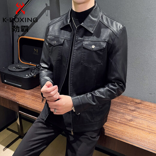 KBXNG Jinba Men's Thin Slim Leather Jacket Men's Lapel Leather Jacket Trendy Casual Black Velvet M Recommended 100-110 Jin Jin equals 0.5 kg