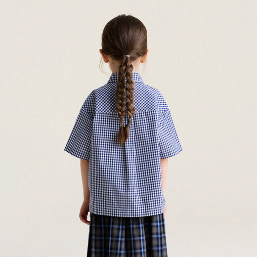 Yoona's Mom Girls 2026 Spring New Korean Plaid Short-Sleeved Children's Fashion Shirt Baby Shirt Top Trendy Blue and White Checkered Ready Stock 140