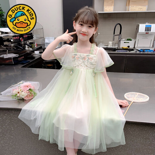 G.duck Girls Dress Summer 2025 New National Style Girls Thin Mesh New Chinese Style Embroidered Hanfu Princess Skirt Green 110 cm