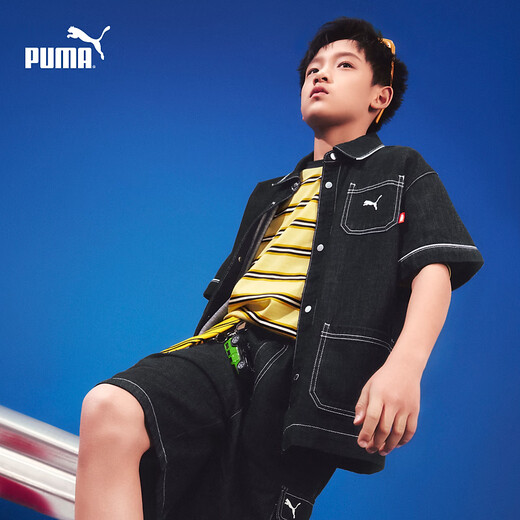 Puma (PUMA) Puma children's clothing 2026 summer new style children's boys short-sleeved shirts denim tops retro trend denim dark blue 88301 110