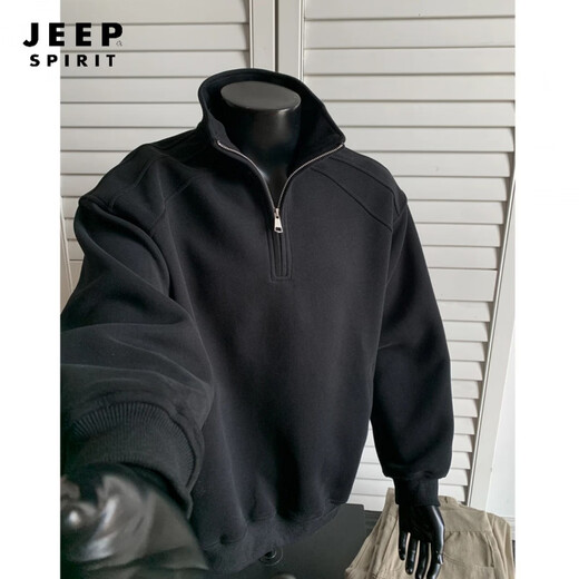 JEEP SPIRIT Sudadera casual americana con media cremallera y cuello alto para hombre, primavera, silueta holgada y pesada, abrigo deportivo juvenil, base gris claro M