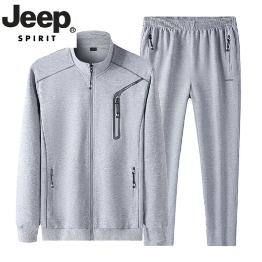JEEP SPIRIT men's spring, autumn and winter handsome sweatshirt casual suit young and middle-aged dad cotton trendy sportswear three-piece set medium gray jacket + pants M