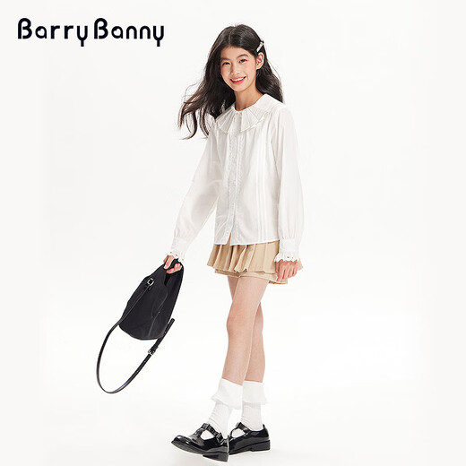 BARRY BANNY Girls' Tencel Lyocell Shirt 2026 Spring Doll Collar Top Loose Cardigan CX506 White 160