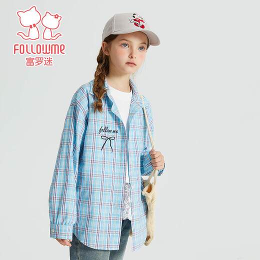 Fuluo Mi Girls' Shirt Spring New Sweet and Western Style Loose Shirt Little Girl's Plaid Long Sleeve Top Blue Plaid 160