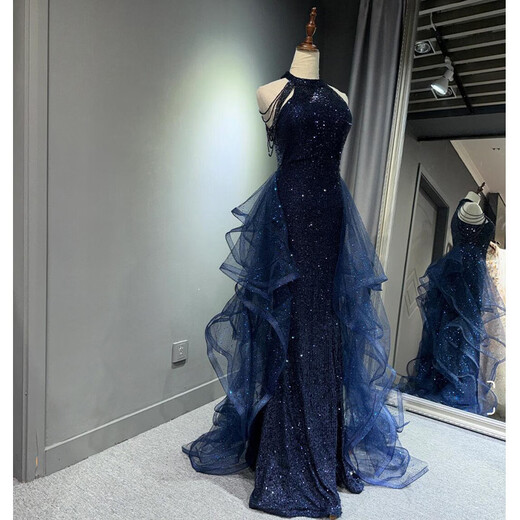 Mofu Blue Evening Dress 2026 Light Luxurious Sequin Tassel Piano Performance Dress Violin Art Exam Host Dress Blue Dress XS