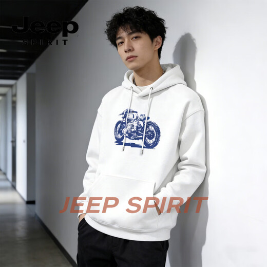 JEEP SPIRIT American heavyweight hooded sweatshirt for men 2026 spring trendy brand loose and versatile jacket for men with velvet long sleeves white M 115-140Jin Jin equals 0.5 kg