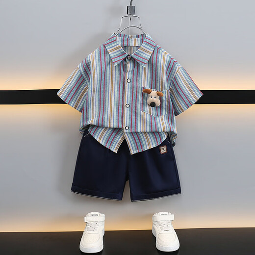 Ultraman boys summer short-sleeved suit 2025 new children's Korean style summer style striped shirt casual two-piece set trendy picture color 90 cm