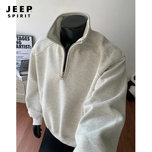 JEEP SPIRIT Sudadera casual americana con media cremallera y cuello alto para hombre, primavera, silueta holgada y pesada, abrigo deportivo juvenil, base gris claro M