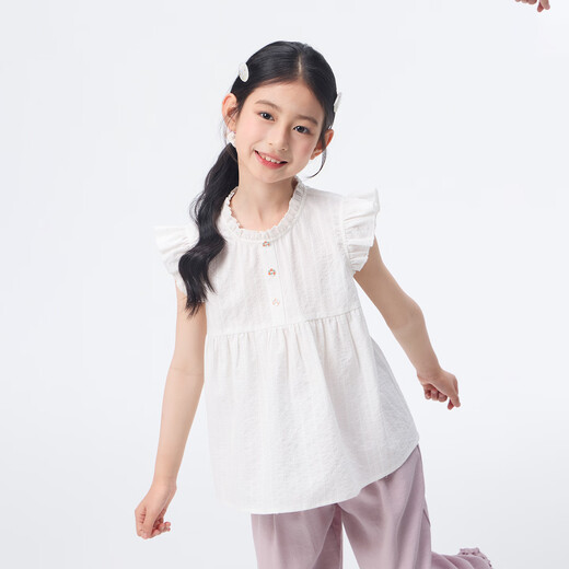 Xiaoyinman children's clothing girls round neck button-down shirt 26 summer children's texture casual breathable top for middle and large children off-white 150