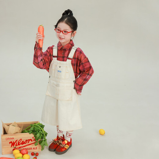 UTOUTO Big Ear Elephant Girls Solid Color Pocket Suspender Skirt 2026 Spring New Baoer Pure Cotton Casual Trendy Dress Washed White Ready Stock 130