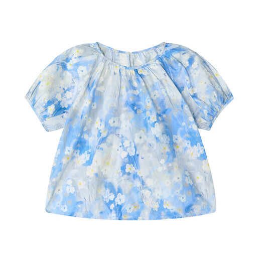 DEESHA Official Children's Clothing Girls' Shirt Summer New Style Big Kids Girls Children's Style Puff Sleeve Printed Cotton Shirt Blue Print 150