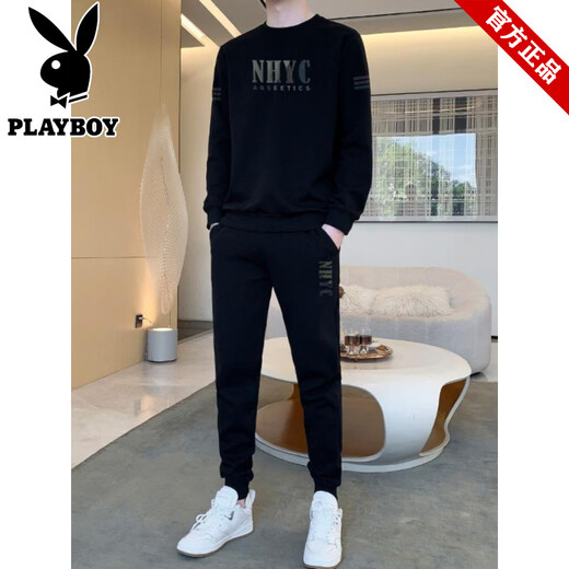 Playboy long-sleeved T-shirt business sports suit spring and autumn new men's middle-aged and elderly dad's loose large size sweatshirt two-piece set D04 black M