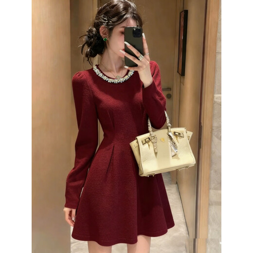 Xiaohongshu gold-embellished diamond red engagement dress for women, autumn and winter long-sleeved petite banquet toast, burgundy M