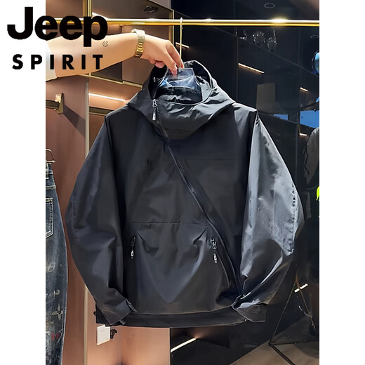 JEEP SPIRIT Spring and Autumn New Large Pocket Diagonal Zipper Work Jacket Men's Trendy Fashion Casual Hooded Jacket Windproof Jacket Black and White M