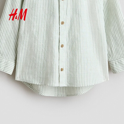 H&M2026 Spring New Children's Clothing Children's Boys Cotton Chinese Collar Shirt 1289756 White/Green Stripes 90 90/52(1.5-2Y)