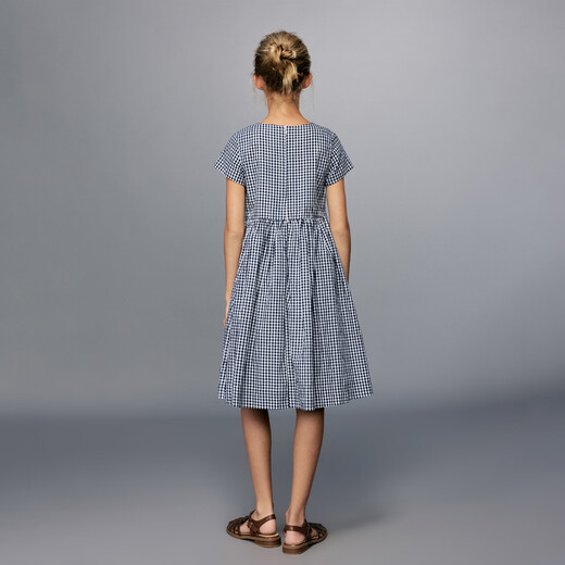 ELLE KIDS children's clothing plaid short-sleeved dress girls summer new shoulder round neck A-line mid-length skirt