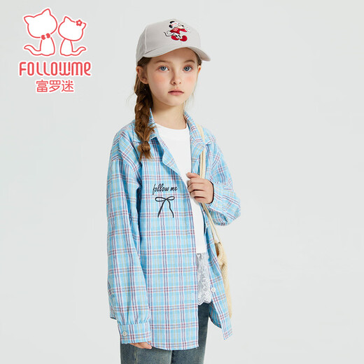 Fuluo Mi Girls' Shirt Spring New Sweet and Western Style Loose Shirt Little Girl's Plaid Long Sleeve Top Blue Plaid 160