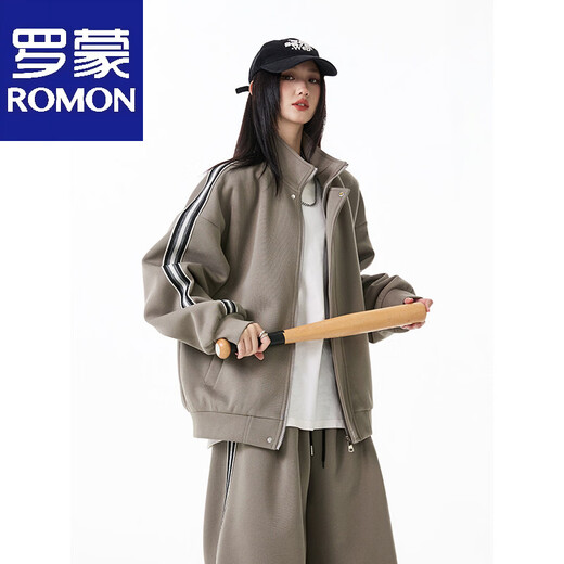 ROMON American sports style striped cardigan sweatshirt suit for men and women, trendy brand autumn loose and drapey casual sweatpants two-piece set >Click to view the size<This photo is taken in taupe M by default