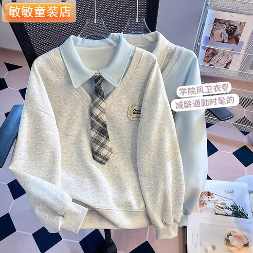 Girls Autumn New Sweatshirt 2025 Middle and Large Children POLO Stitching Fashion Short College Style Sweatshirt Pullover Spring and Autumn Light Gray 100 cm