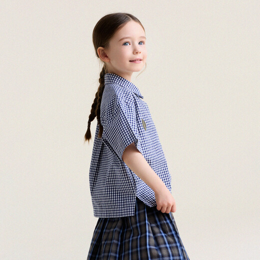 Yoona's Mom Girls 2026 Spring New Korean Plaid Short-Sleeved Children's Fashion Shirt Baby Shirt Top Trendy Blue and White Checkered Ready Stock 140
