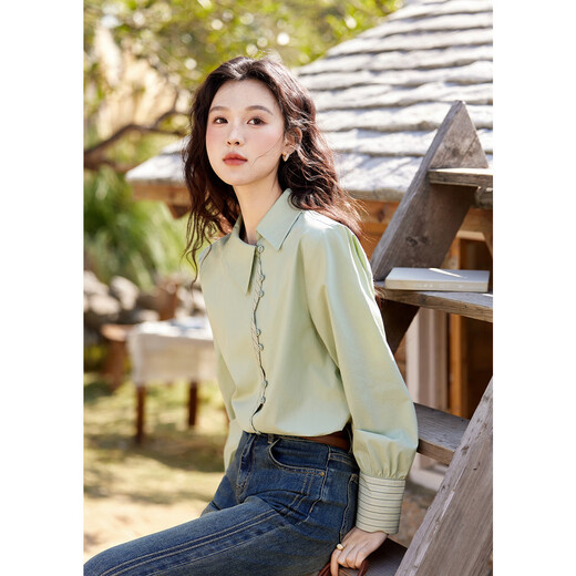 Mystery Show Reassuring Quality Tencel Cotton Striped Splicing Green Shirt 2026 Spring High-Quality Small Shirt for Women