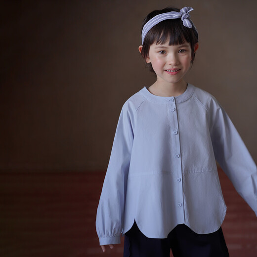 Haqi Children's Clothing Spring Korean Style Loose Cotton Shirt Girls Round Neck Top Girls Spring Clothing 2026 New Blue 150