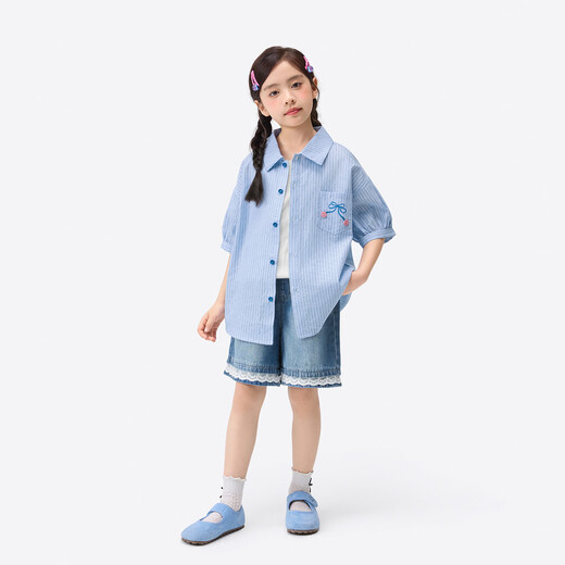 Xiaoyinman children's clothing girls pure cotton breathable short-sleeved shirt 26 summer children's striped lapel casual top for middle and large children blue strips 150