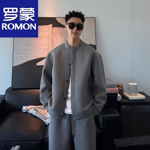 ROMON's new autumn style fake two-piece lazy style sports suit, simple, casual, versatile and trendy couple's two-piece set, gray (suit) M