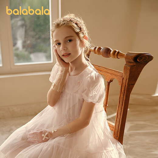 BALABALA girls' skirts and children's dresses 2026 new summer princess mesh skirt sweet puff sleeves red and white 00361 90