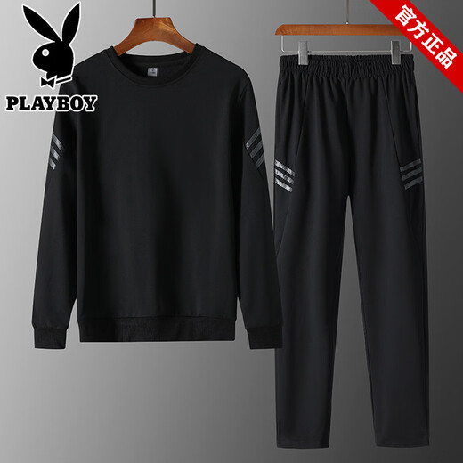 Playboy pure cotton round neck long-sleeved sports suit 2026 spring and autumn new men's trendy loose sweatshirt and trousers two-piece set LZH-SHD-6025 dark blue L