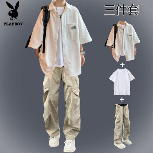 Playboy (PLAYBOY) Japanese waffle short-sleeved shirt casual summer men's set with handsome overalls handsome shirt suit suit label shirt white + short T + overalls gray M recommended 90-110Jin Jin equals 0.5 kg